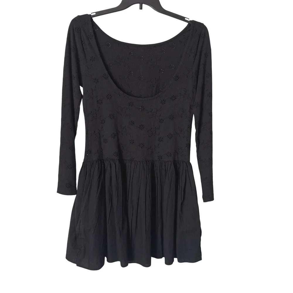 Free People Black Eyelet Long Sleeve Scoop Back Surley Mini Dress Size M